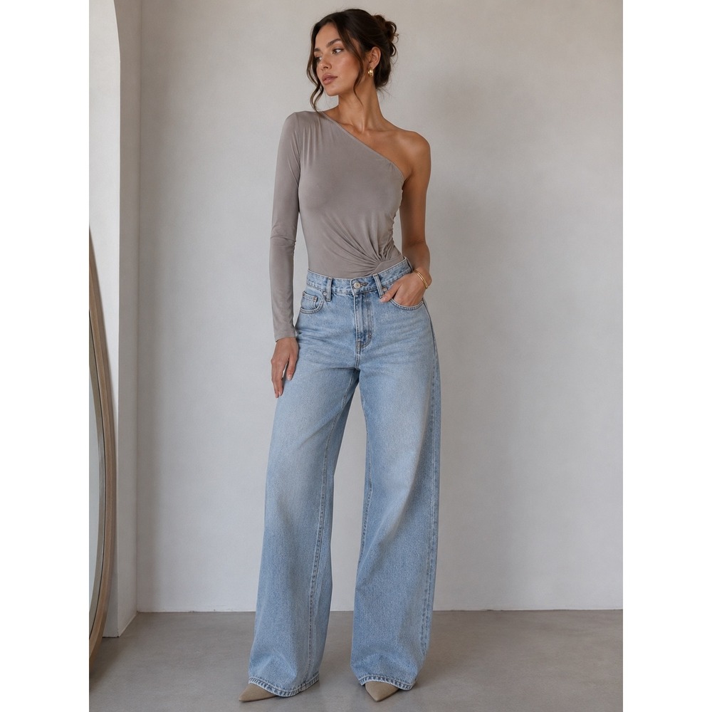 Michelle Mason One Shoulder Asymmetrical Long Sleeve Bodice Taupe Size P
